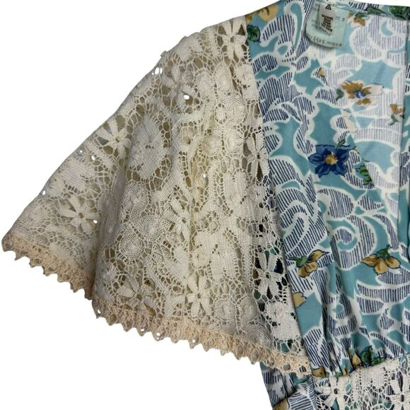 Vintage Made in California Floral Maxi Dress 70s Size 9 Lace Crochet Sleeve - Picture 5 of 16